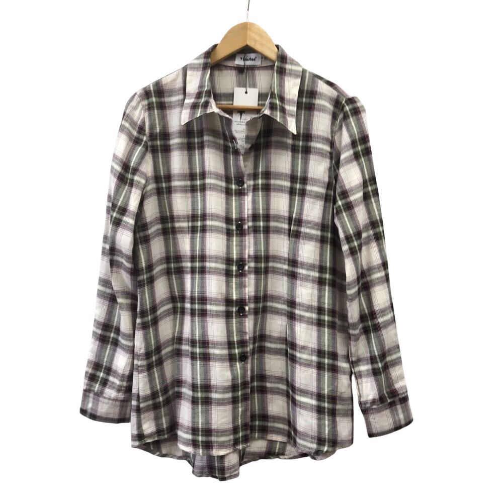 Yidarton Top Womens Medium Plaid White Green Purple